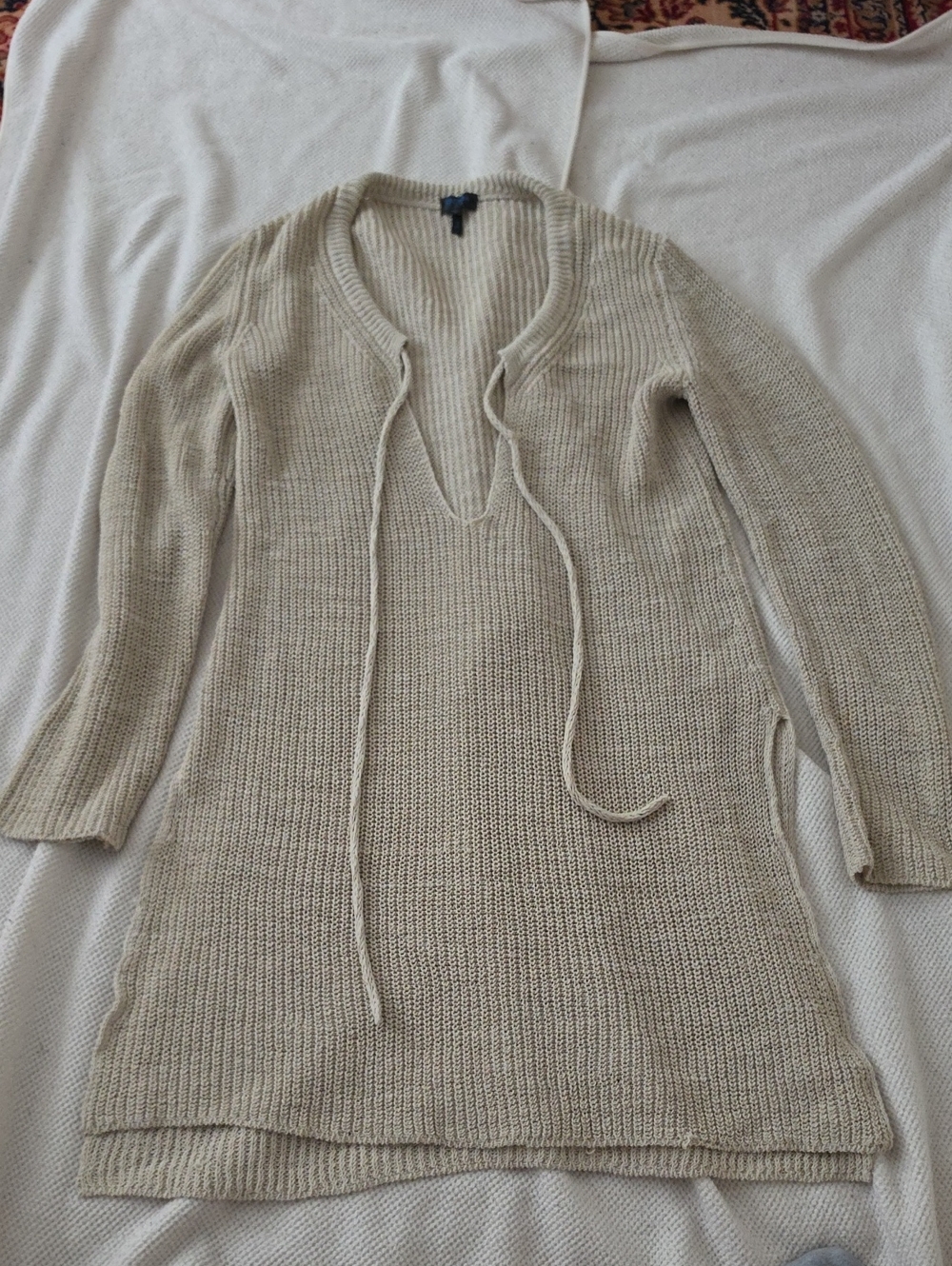 Escada Cream V-Neck Knit Tunic Sweater with Ties